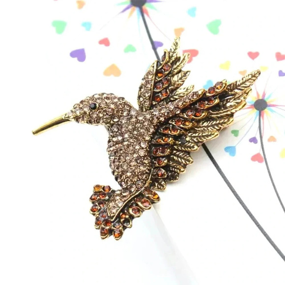 Hummingbird Brown Crystal Pin Brooch - Picture 5 of 10